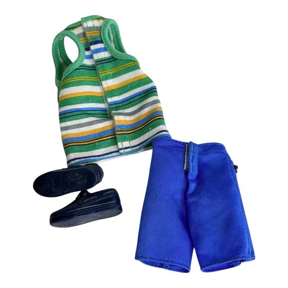 Barbie Ken Doll Clothes Striped Tank 1977 Black Pearl Swim Shorts Blue Shoes Vtg - Picture 2 of 6